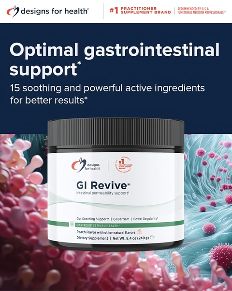 A high-conversion 4:5 ad creative for GI Revive showing the product jar against a backdrop of microscopic gut imagery to establish authority.